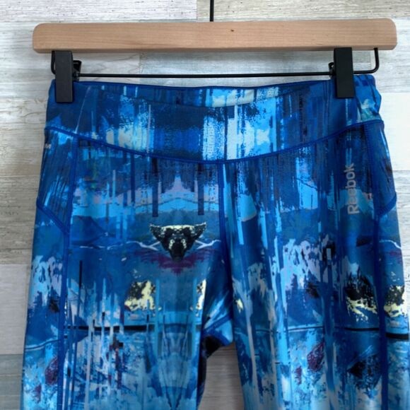 Reebok Mid Rise Running Tights Blue Abstract Print Womens Size XS - Picture 2 of 7